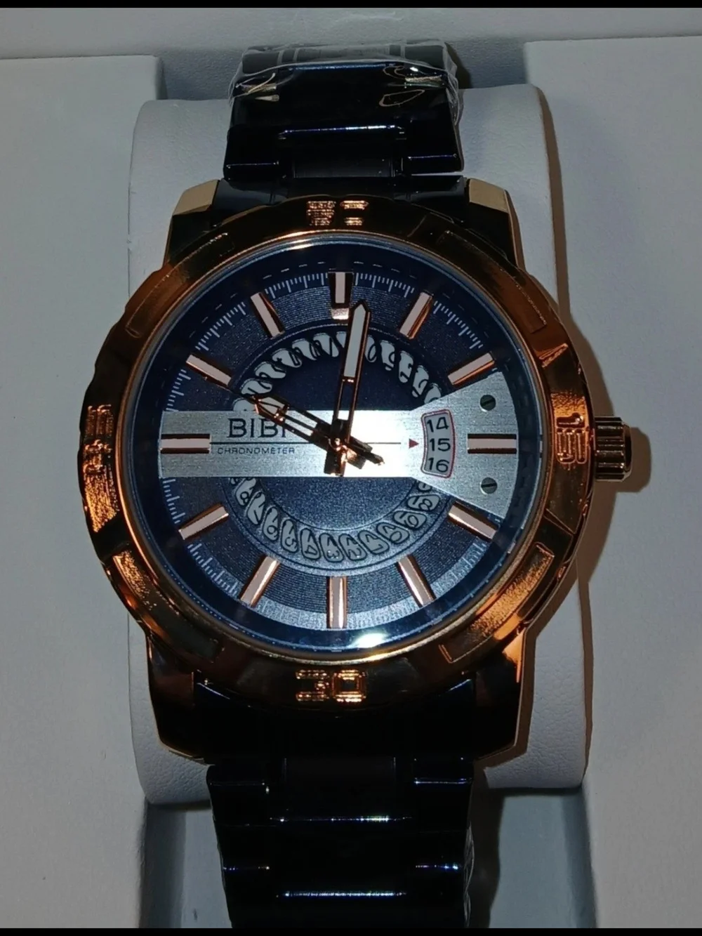 ​BIBI Chronometer Mens Quartz Watch Blue Rose Gold Steel Link Band New Box